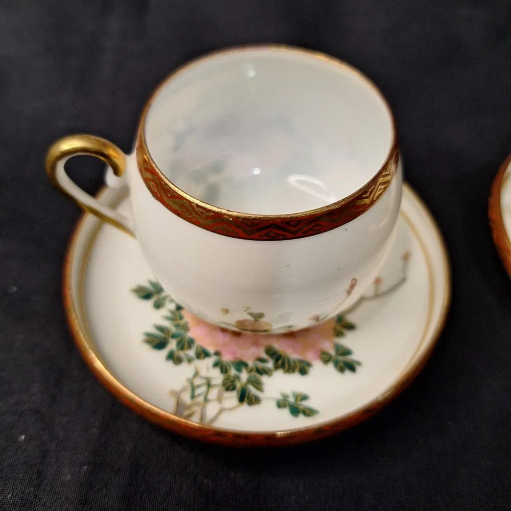 Vintage Set of 2 Soko China Hand Painted Eggshell Porcelain Demitasse Cup Saucer